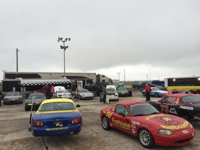 A group of race cars parked at Sebring International Raceway.