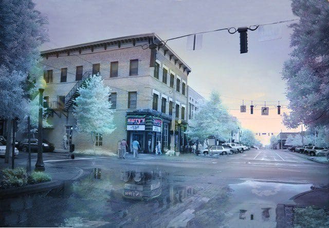 A painting of a street corner with trees and buildings.