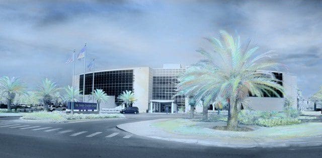 A painting of an airport terminal with palm trees.