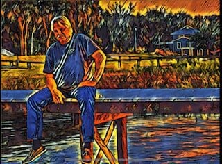 A painting of a man sitting on a dock.
