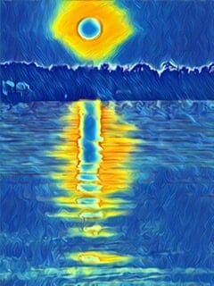 A painting of the moon reflected in water.
