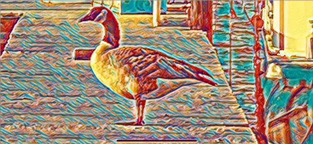 A painting of a goose standing on a dock.