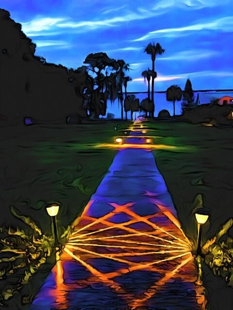 A drawing of a pathway lit up at night.