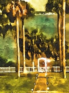 A painting of palm trees and a white picket fence.